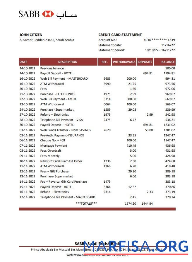 Realistic Saudi Arabia SABB bank statement excel template